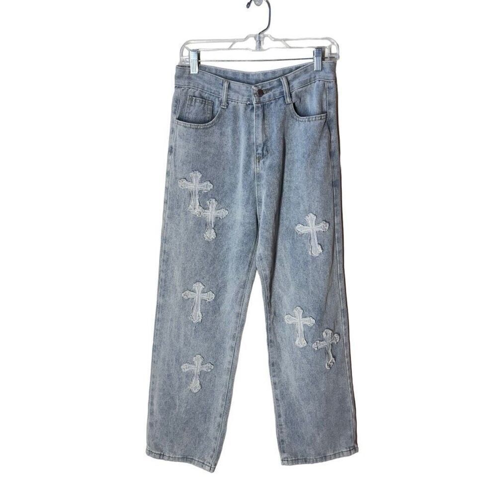Cross Embellished Wide Leg Jeans Distressed Look High Waist Light Wash M